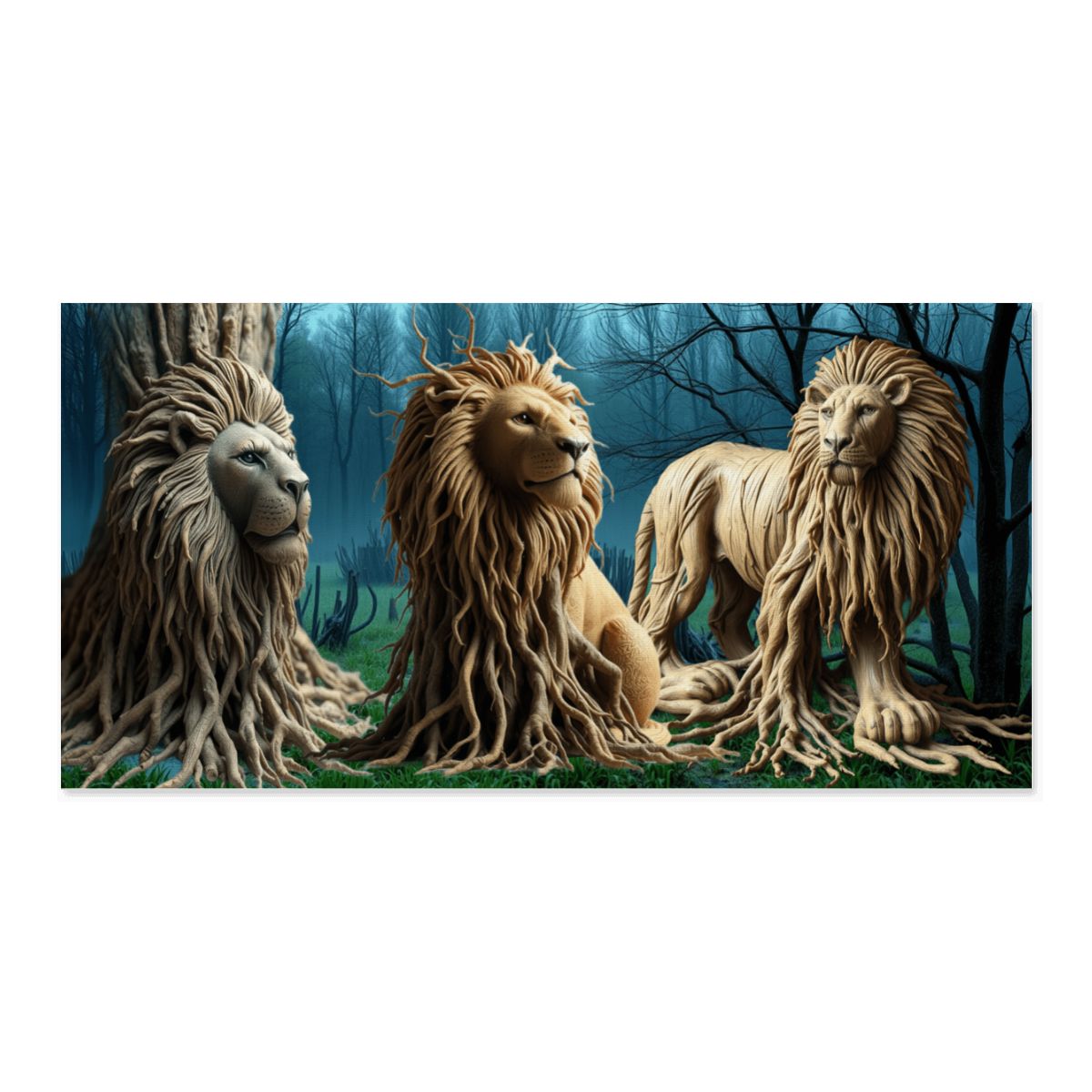 Large 60″X30″ Canvas Wall Art, Lions Made of Tree Roots, Oddities Print. (USA)