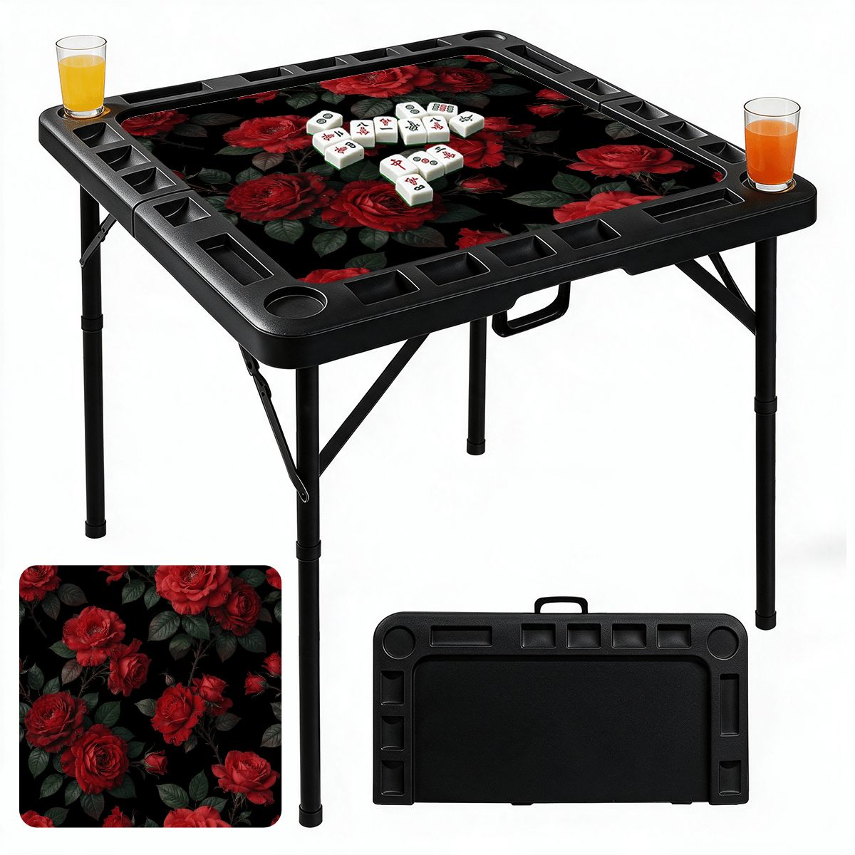 Black Foldable Mahjong Table 12rozeczerwoneaop