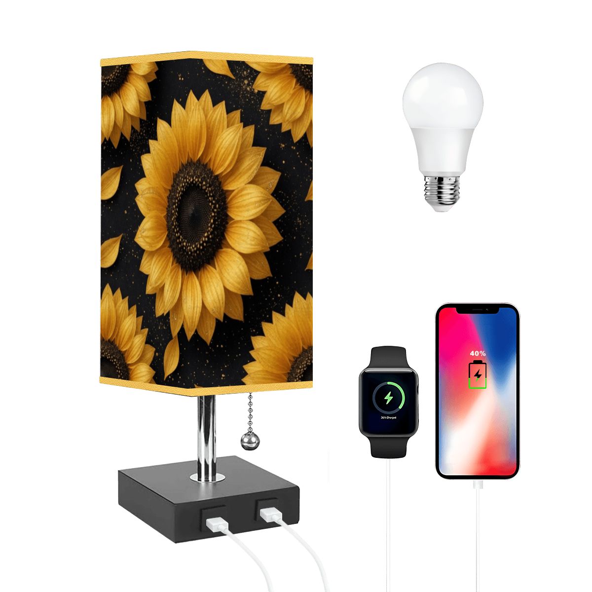 Square Table Lamp with USB Port Gold Trim 47slonecznikiv2aop