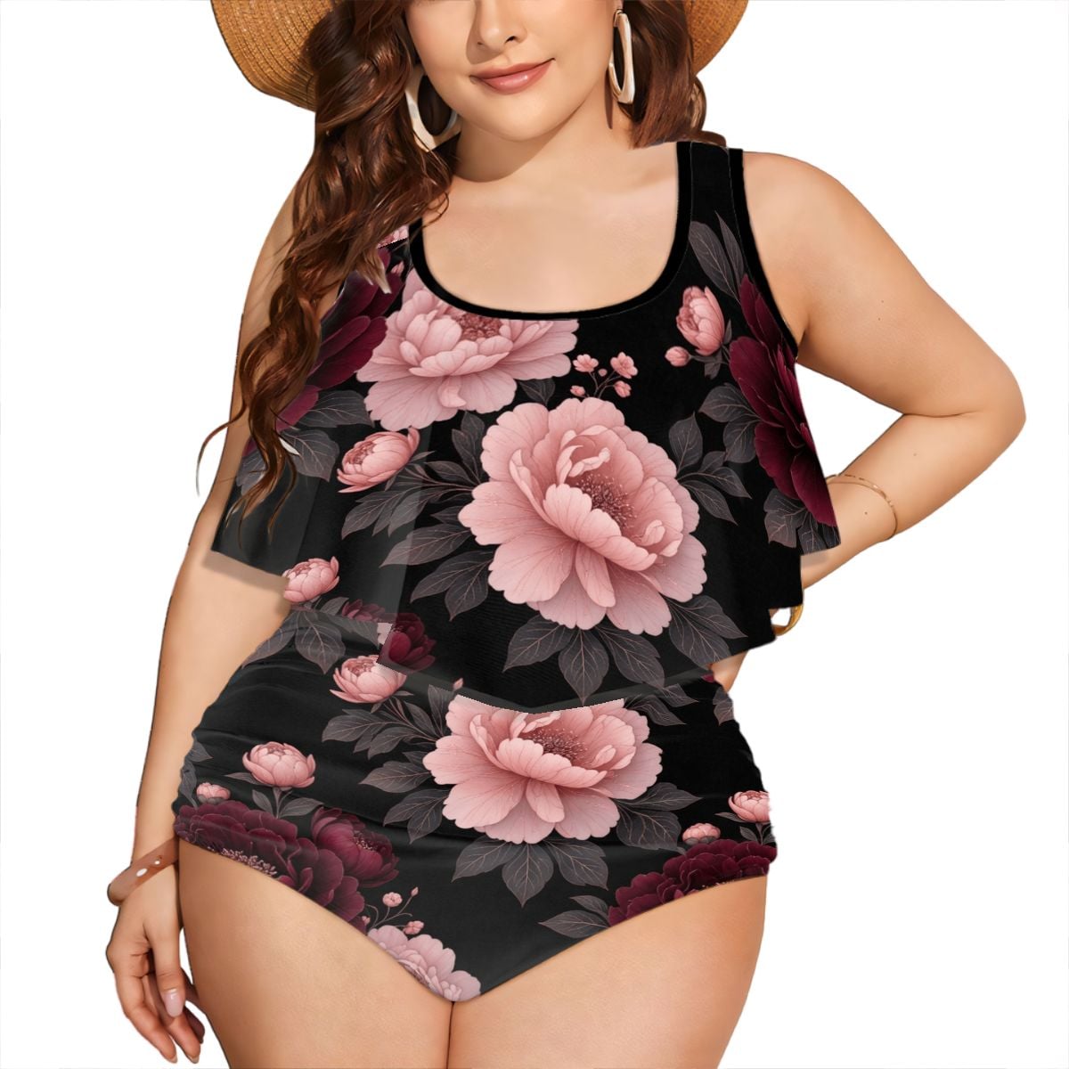Plus Size Ruffle Two Piece Swimsuit Customized Services 01peoniegardenaop