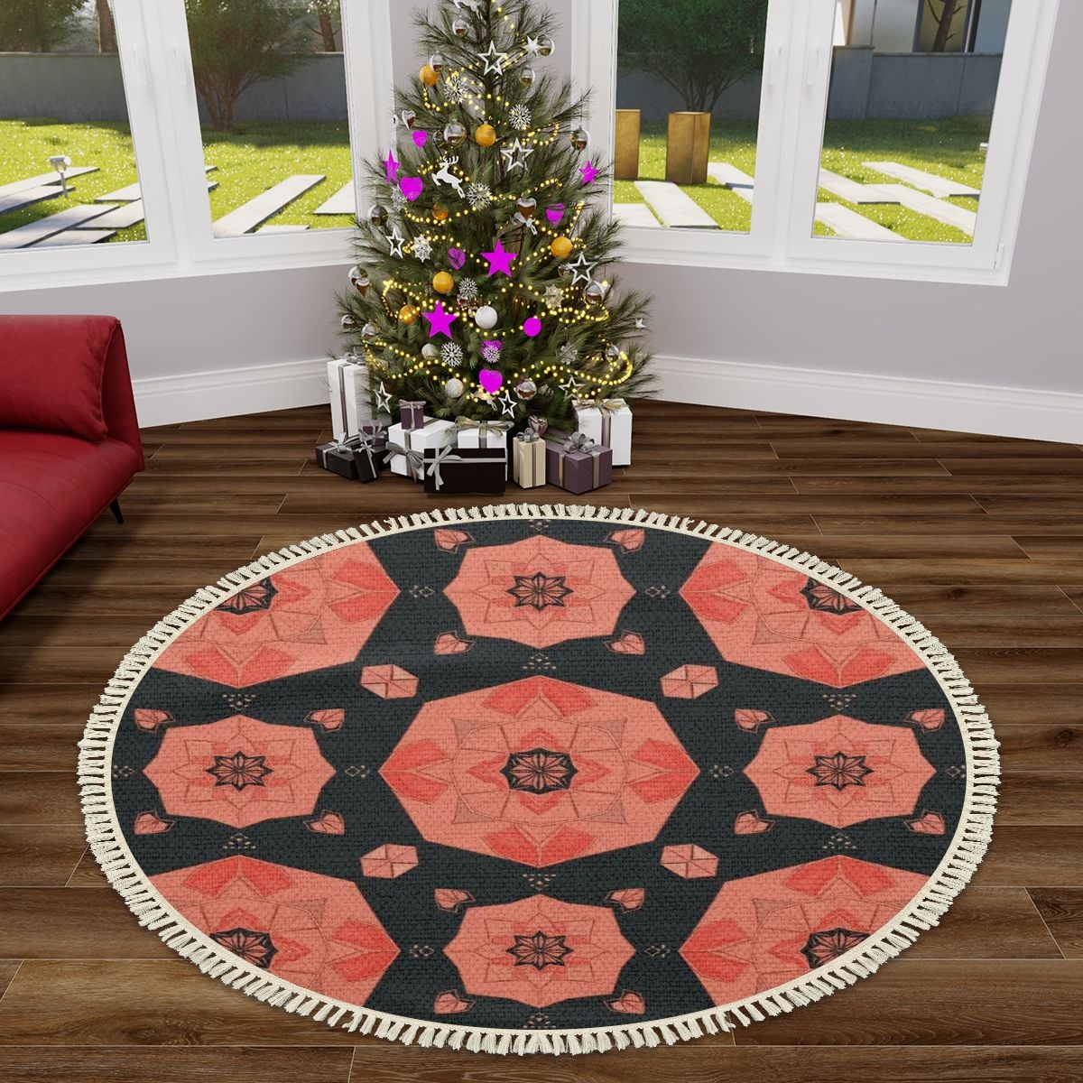 Multiple Sizes Round Area Rug with Tassels 41cameliav2aop