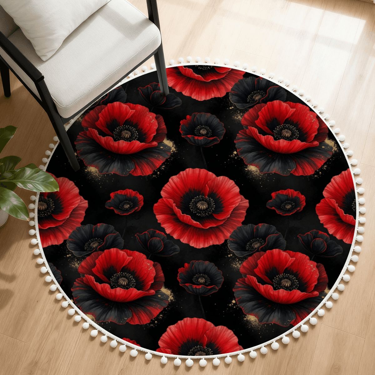 Round Area Rug with Pom Poms 17makinoiraop