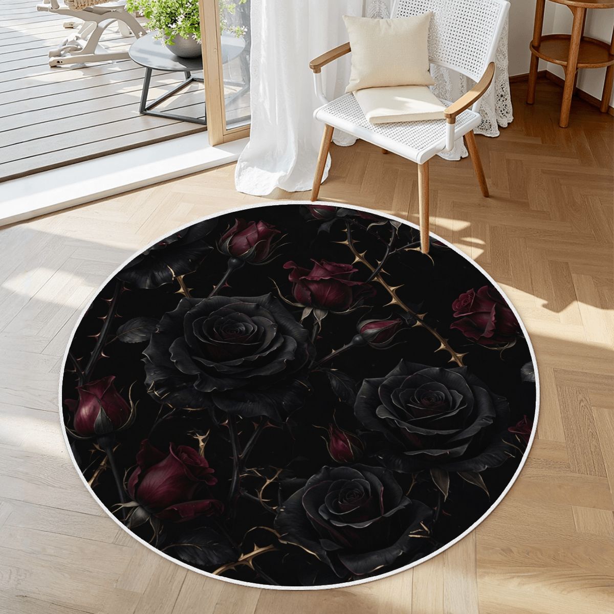 Soft Round Area Rug with White Border 09noirroseaopbezfald