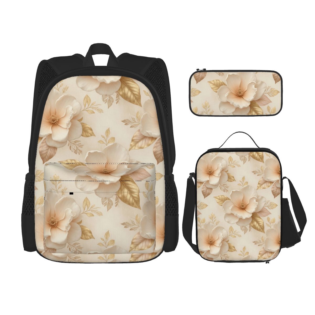 Set of 3 Bags (Oxford Backpack Lunch Bag  Pencil Pouch) 04magnoliechampagneaop