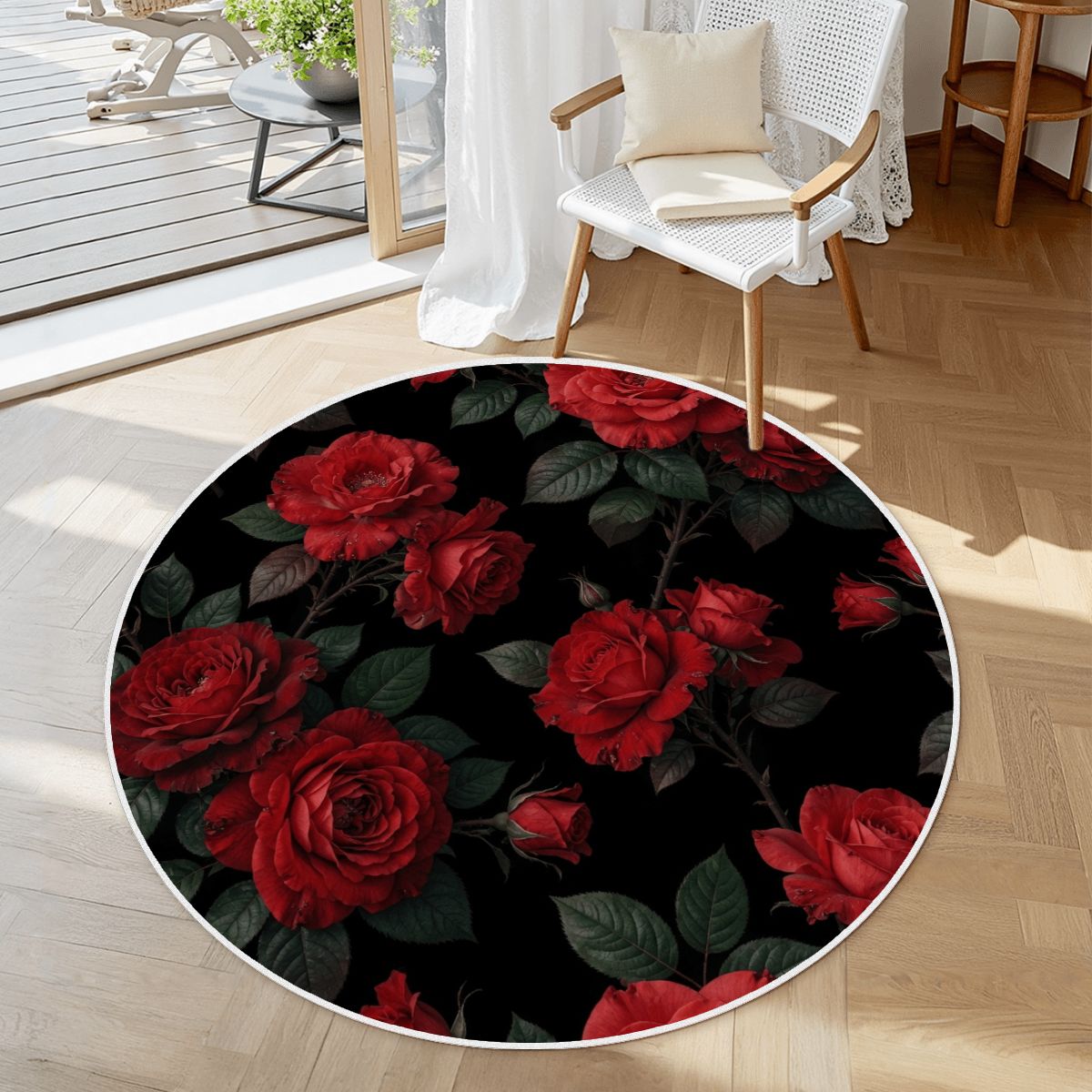 Soft Round Area Rug with White Border 12rozeczerwoneaop