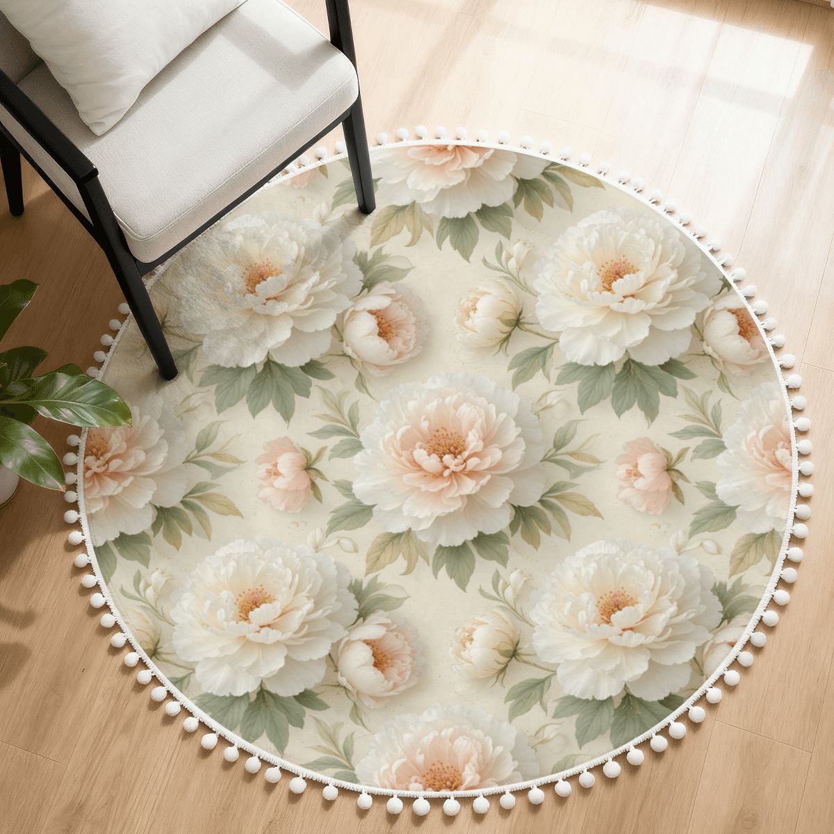 Round Area Rug with Pom Poms 11peoniebialaaop