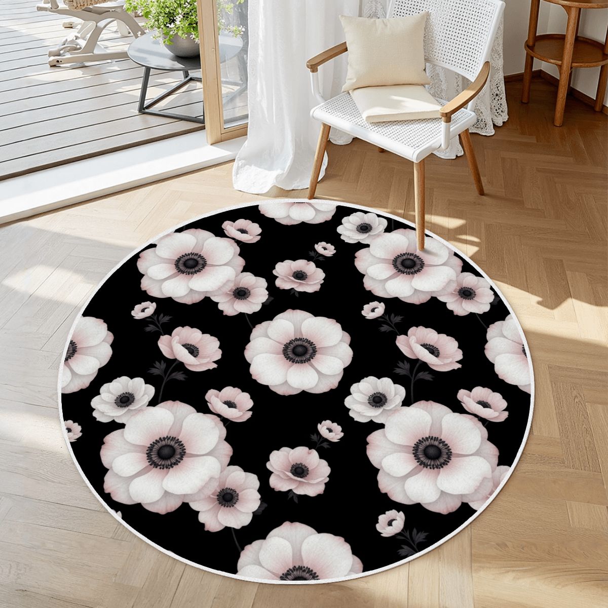 Soft Round Area Rug with White Border 21anemonynoiraop