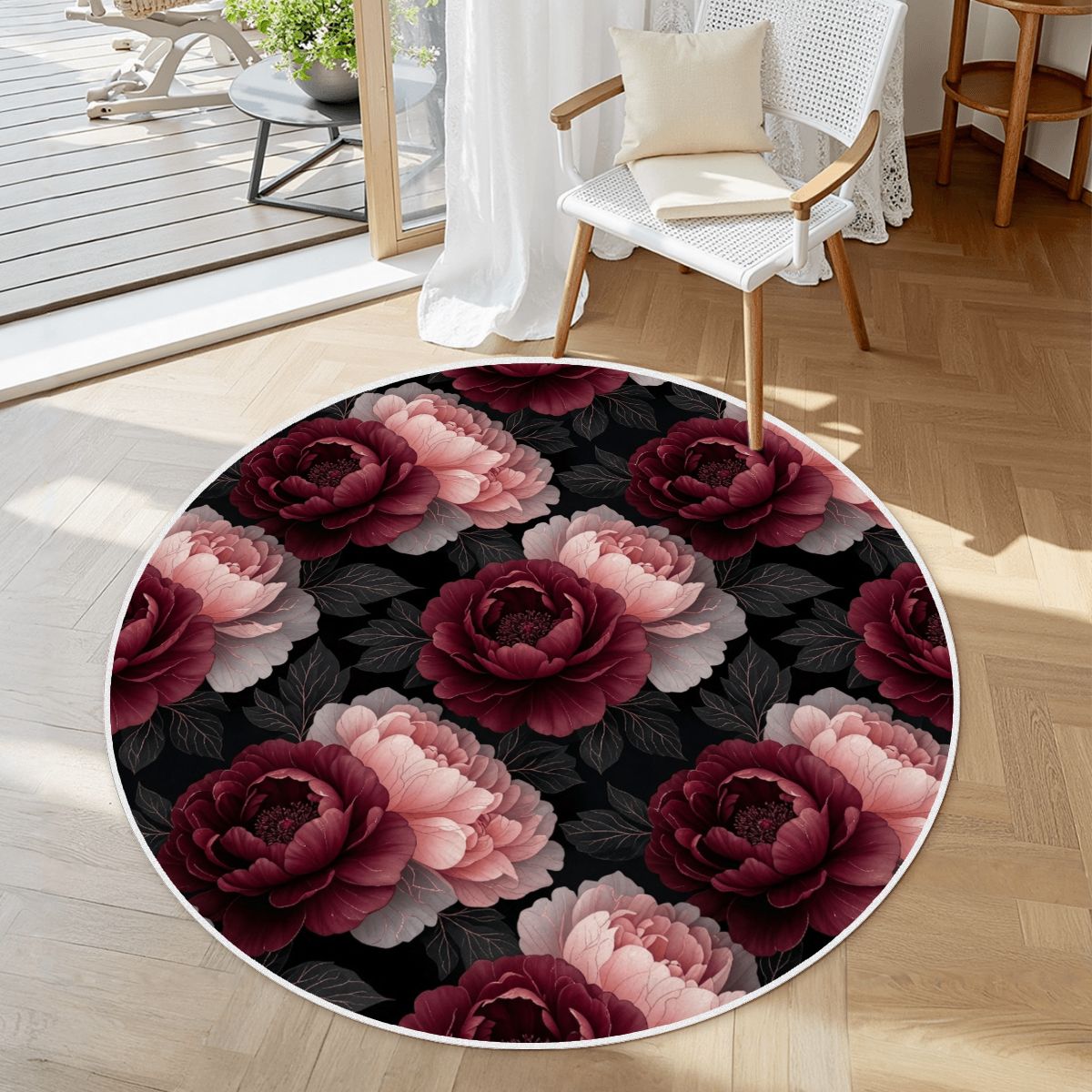 Soft Round Area Rug with White Border 26peoniegardenv2aop