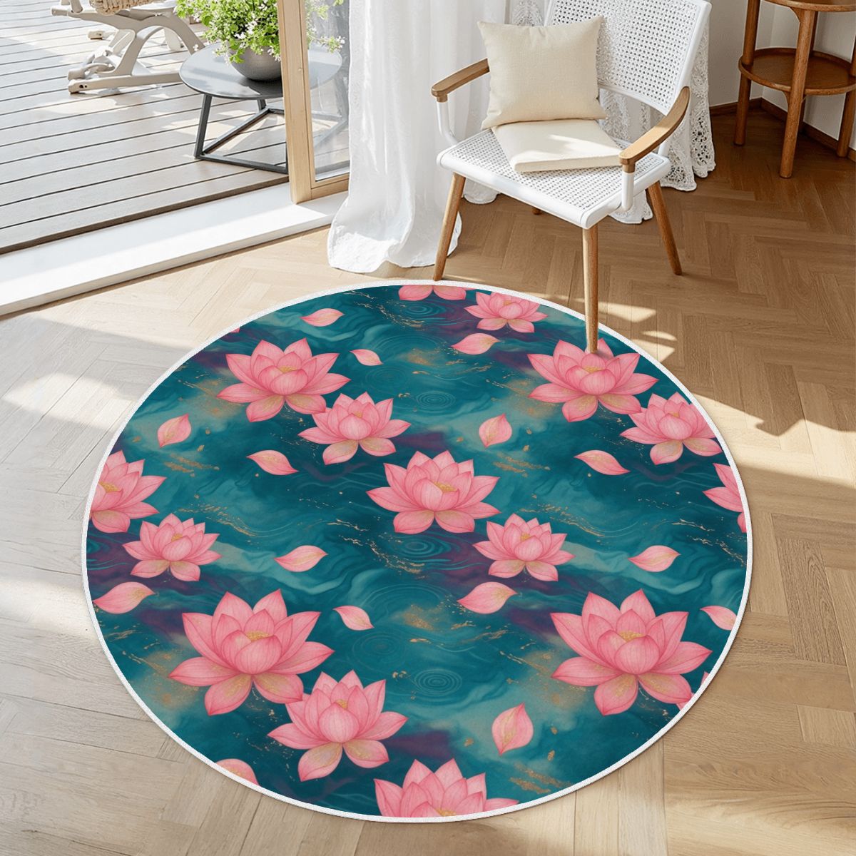Soft Round Area Rug with White Border 15lotosytealaop