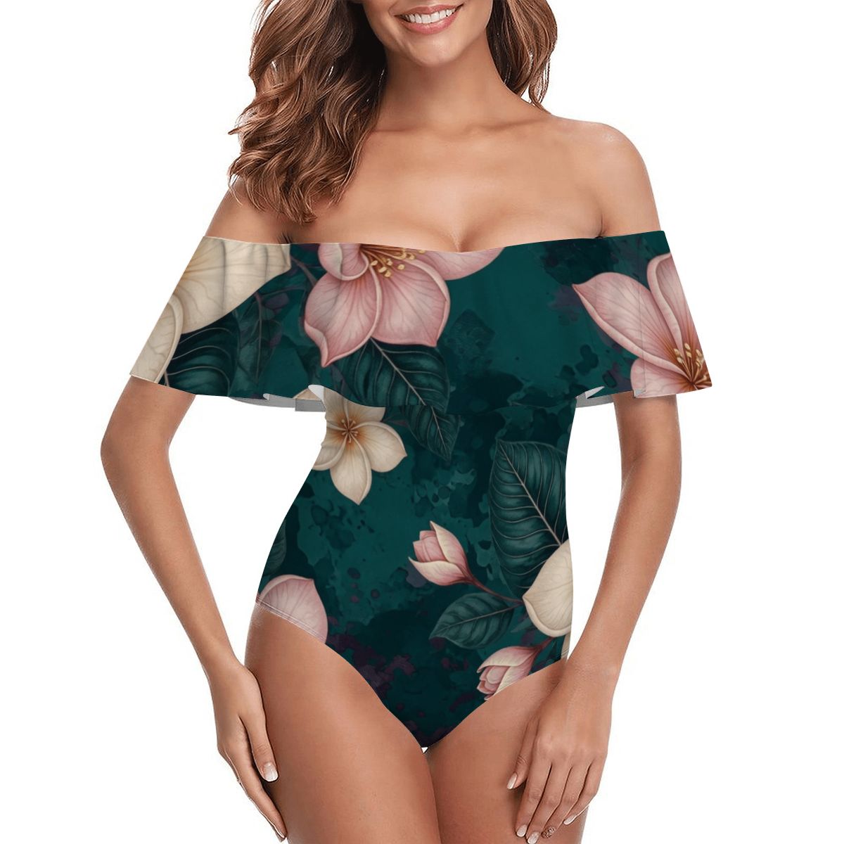 Off Shoulder Ruffle OnePiece Swimsuit 10plumeriatropikaop