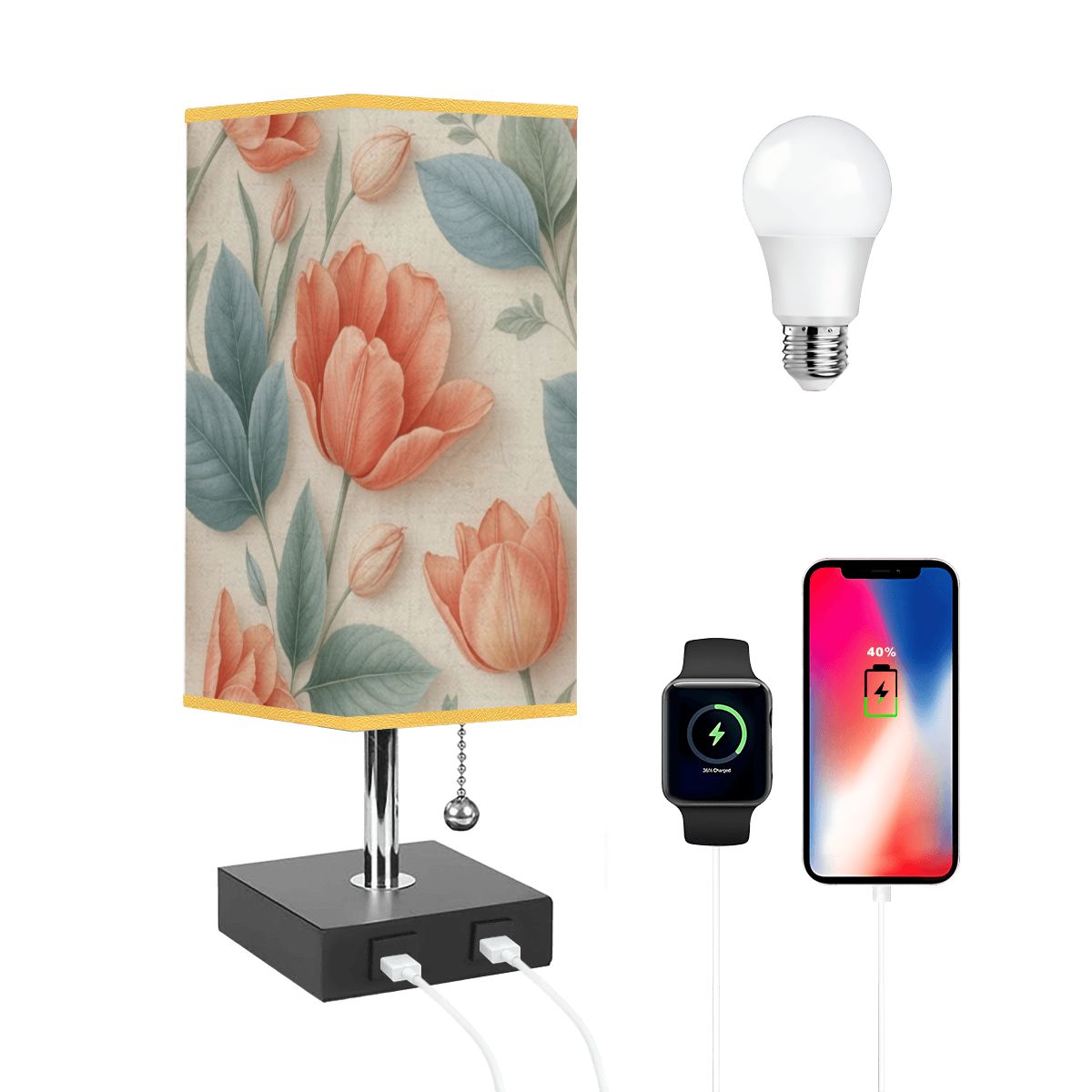 Square Table Lamp with USB Port Gold Trim 39tulipanyv2aop