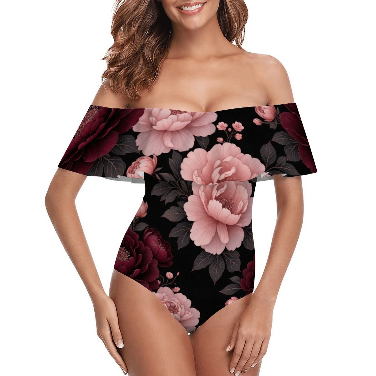 Off Shoulder Ruffle OnePiece Swimsuit 01peoniegardenaop