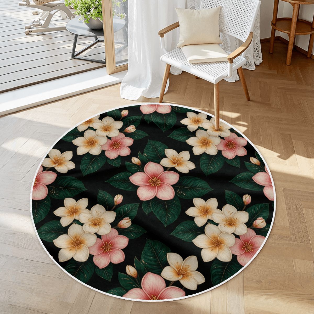 Soft Round Area Rug with White Border 35plumeriav2aop