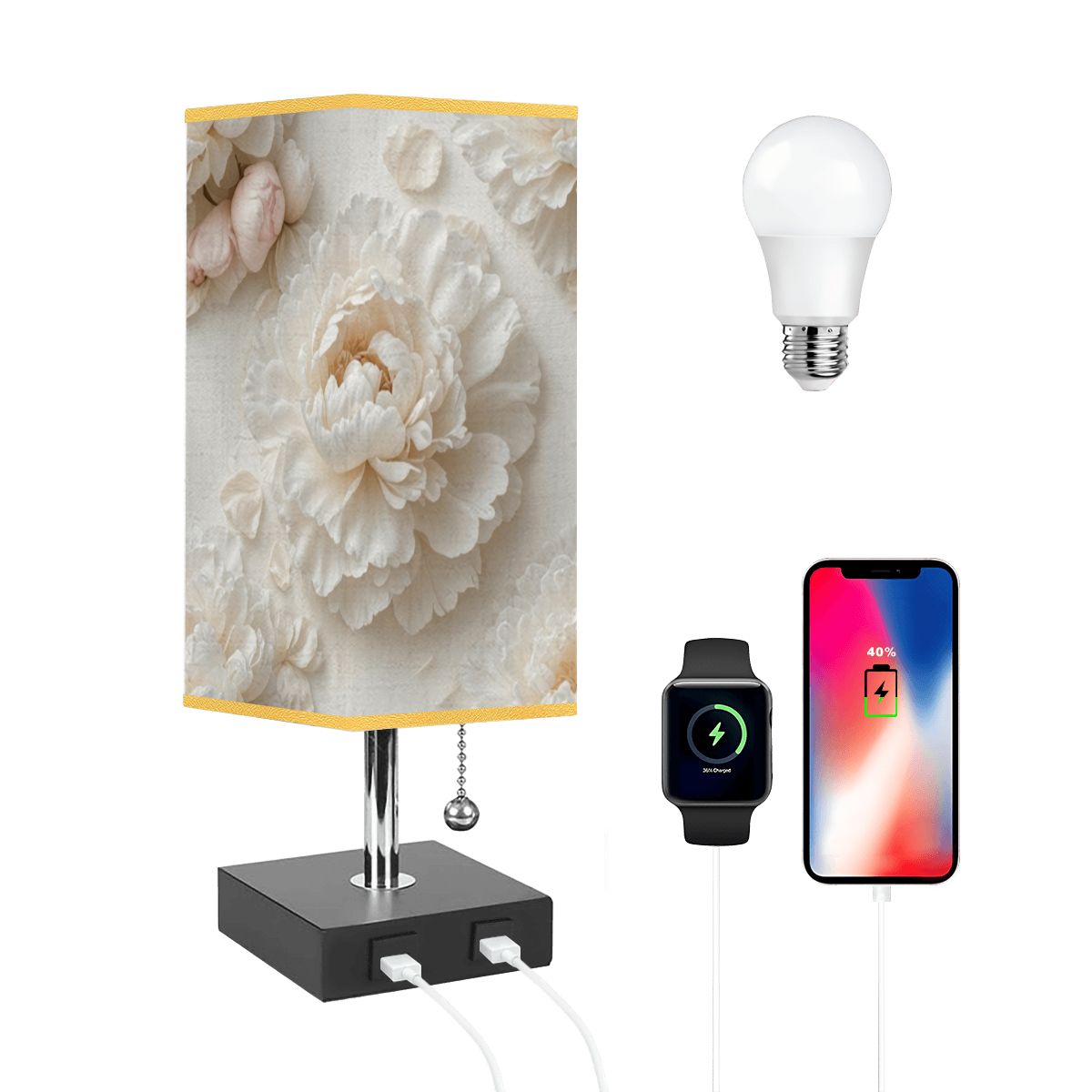 Square Table Lamp with USB Port Gold Trim 36peoniebialav2aop