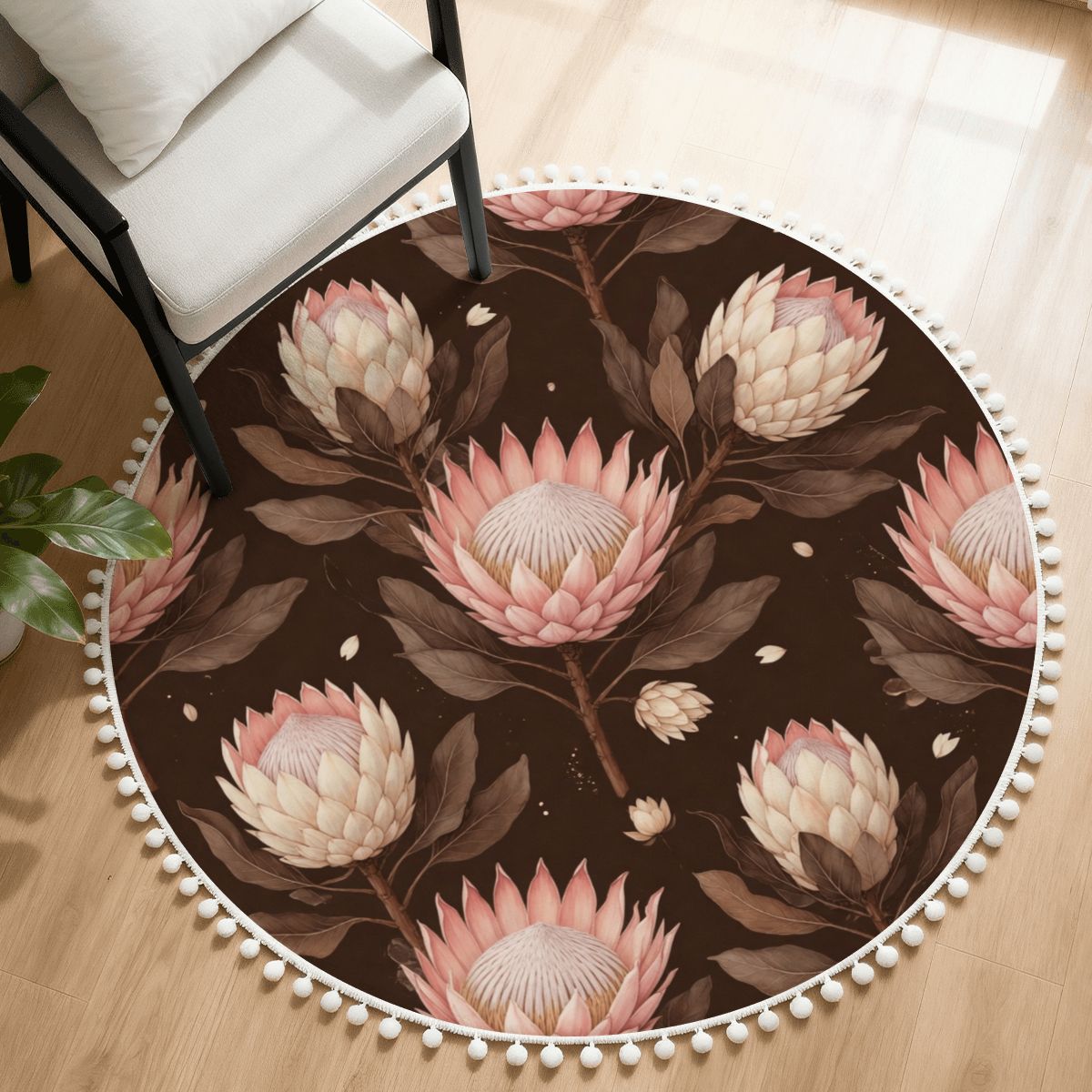 Round Area Rug with Pom Poms 20proteaespressoaop
