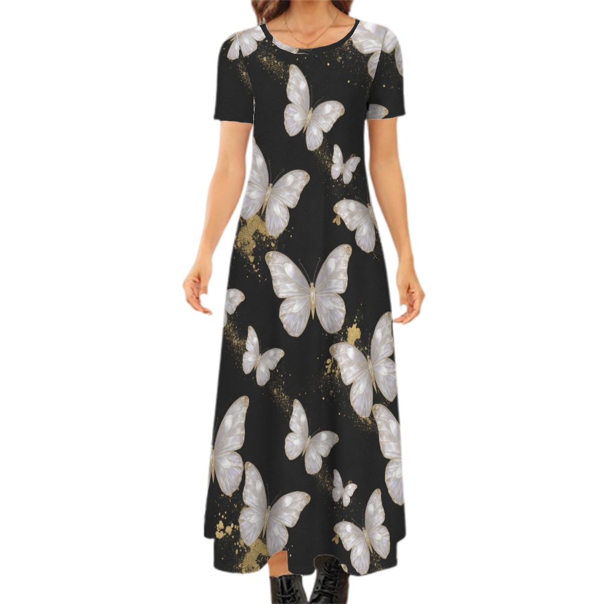 Crew Neck Short Sleeve Maxi Dress 01motylerosegoldaop