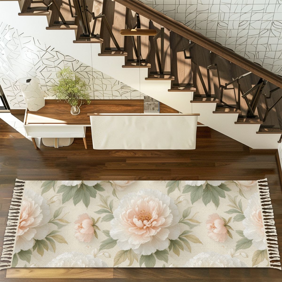 Multiple Sizes Runner Rug with Tassels 11peoniebialaaop