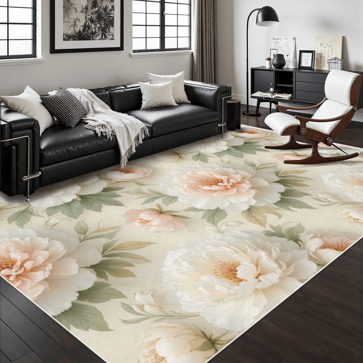 Area Rug with White Border 11peoniebialaaop