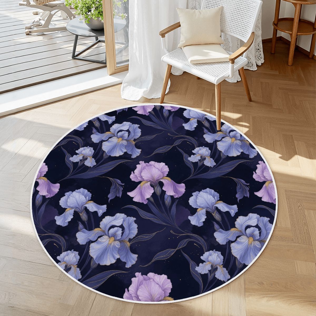 Soft Round Area Rug with White Border 13irysyindigoaop