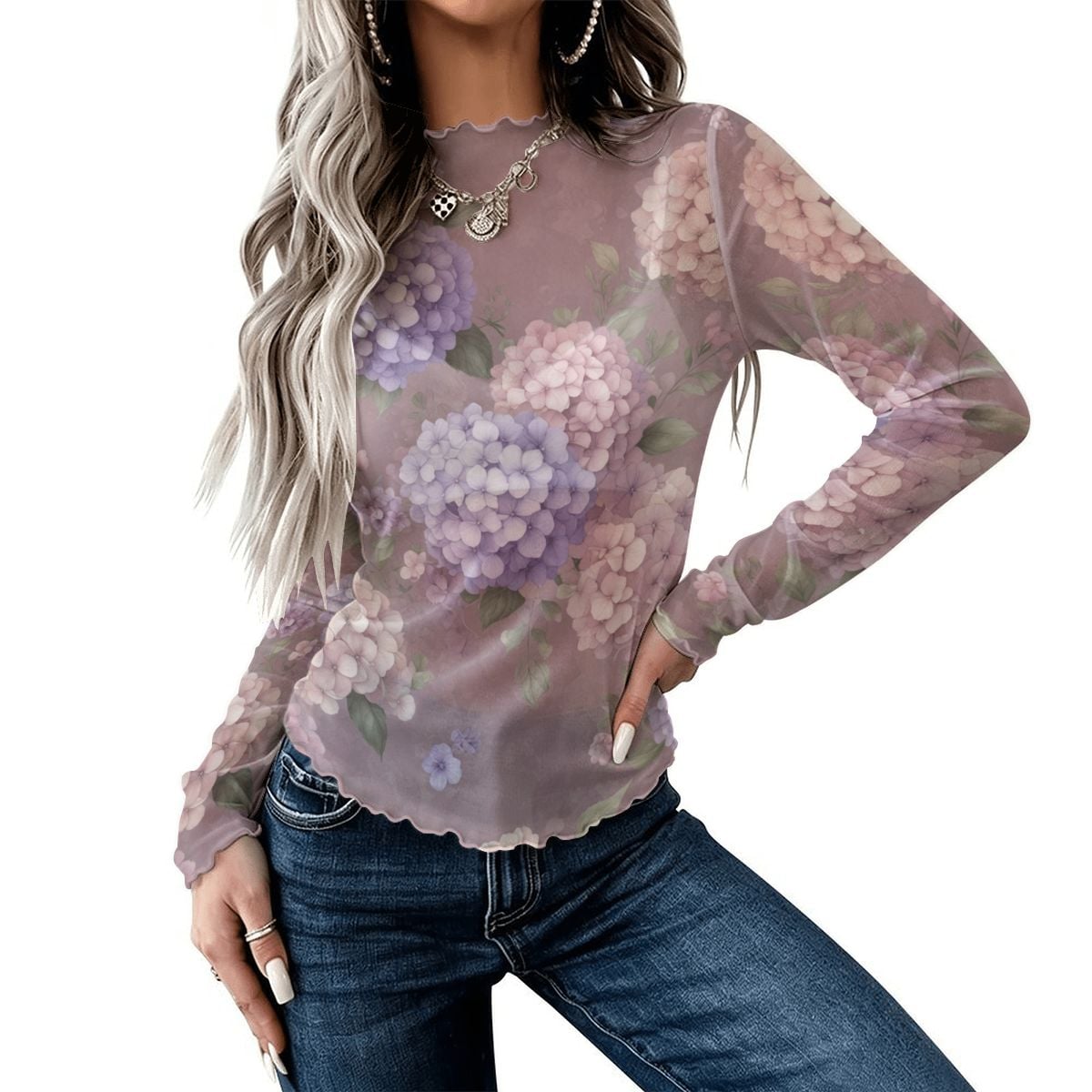 High Neck Mesh Long Sleeve Tops for Women 08hortensjelawendaaop
