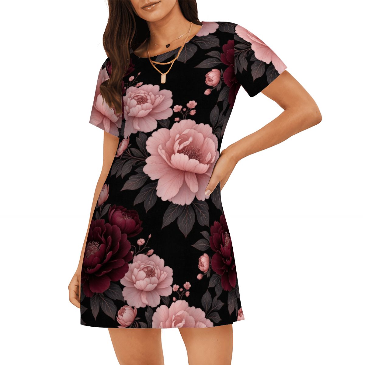 Women's Loose ShortSleeve Nightgown 01peoniegardenaop