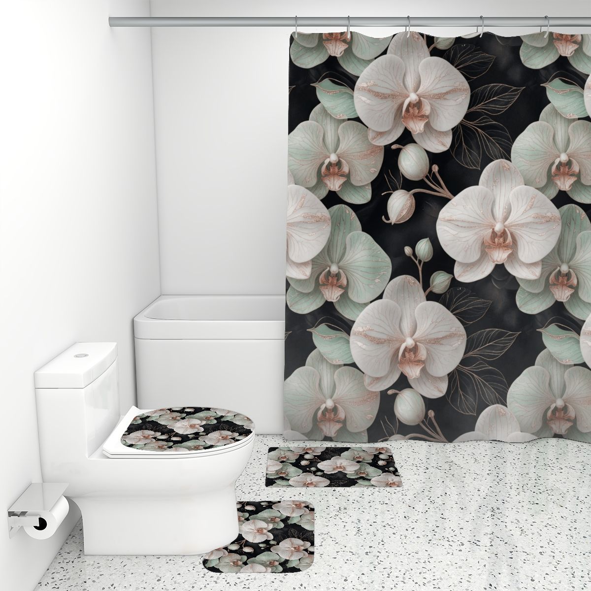 Bathroom Rugs Set with Shower Curtain 4 pcs 28orchideegesteaop