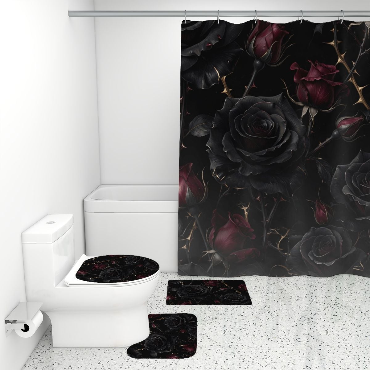 Bathroom Rugs Set with Shower Curtain 4 pcs 09noirroseaopbezfald