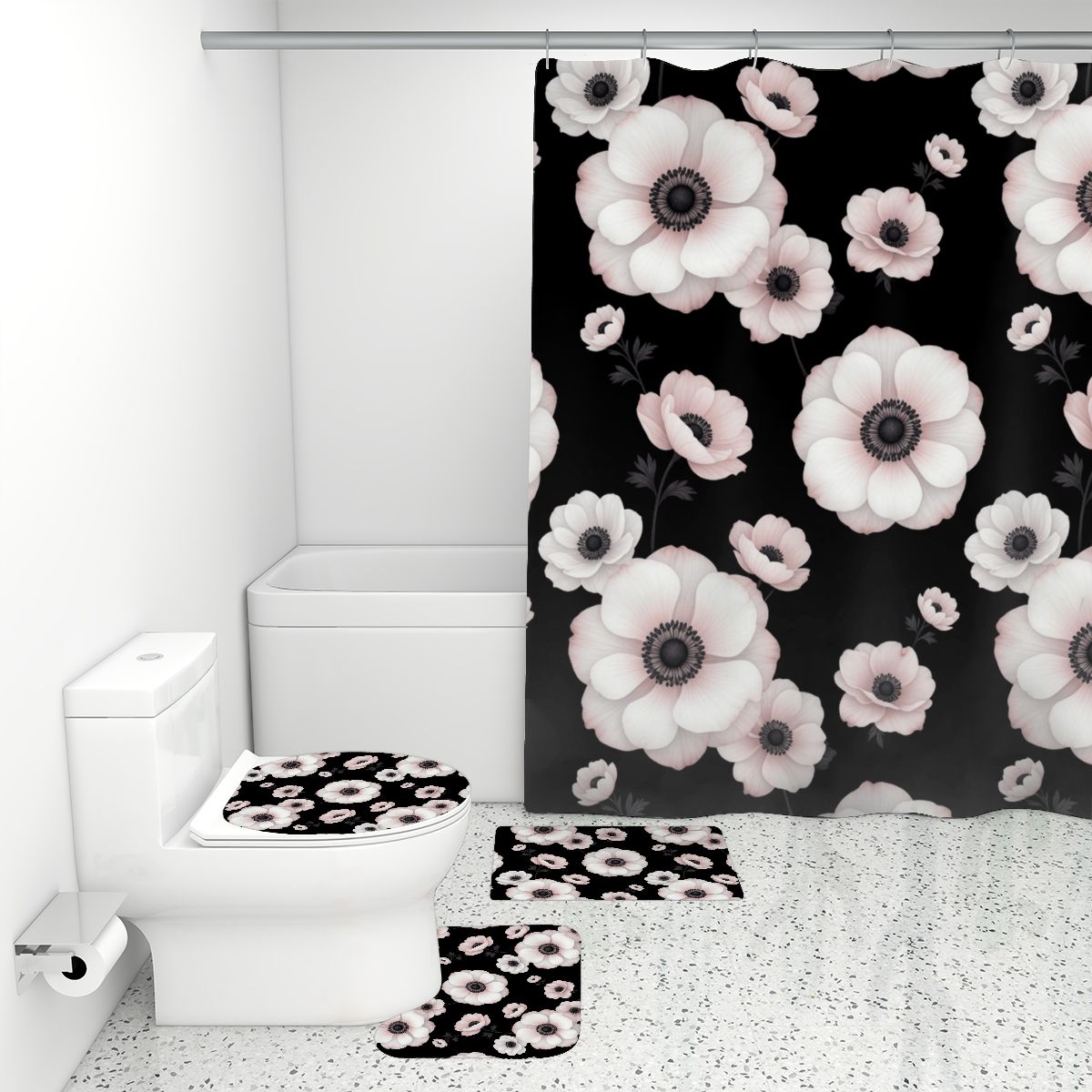 Bathroom Rugs Set with Shower Curtain 4 pcs 21anemonynoiraop