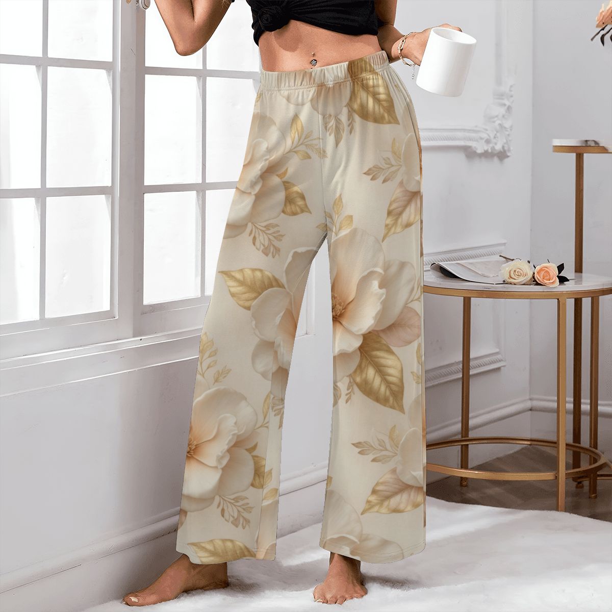 Women's Pajama Pants (Made in USA) 04magnoliechampagneaop