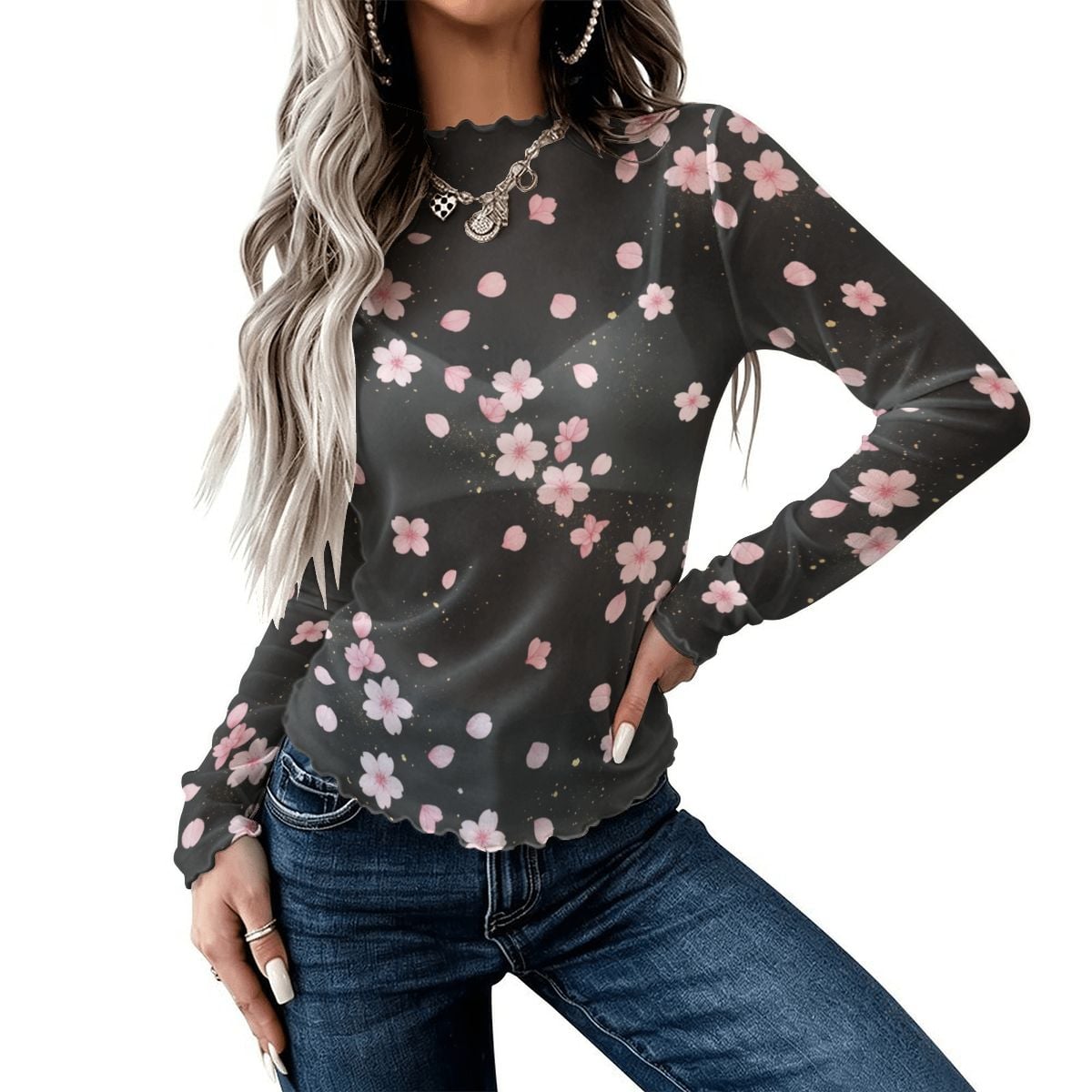 High Neck Mesh Long Sleeve Tops for Women