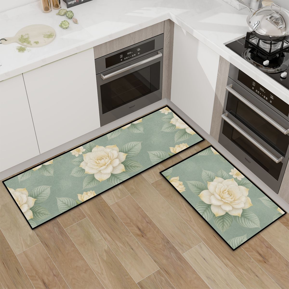 Kitchen Area Rug Set for Floor NonSlip Washable 43gardeniev2aop