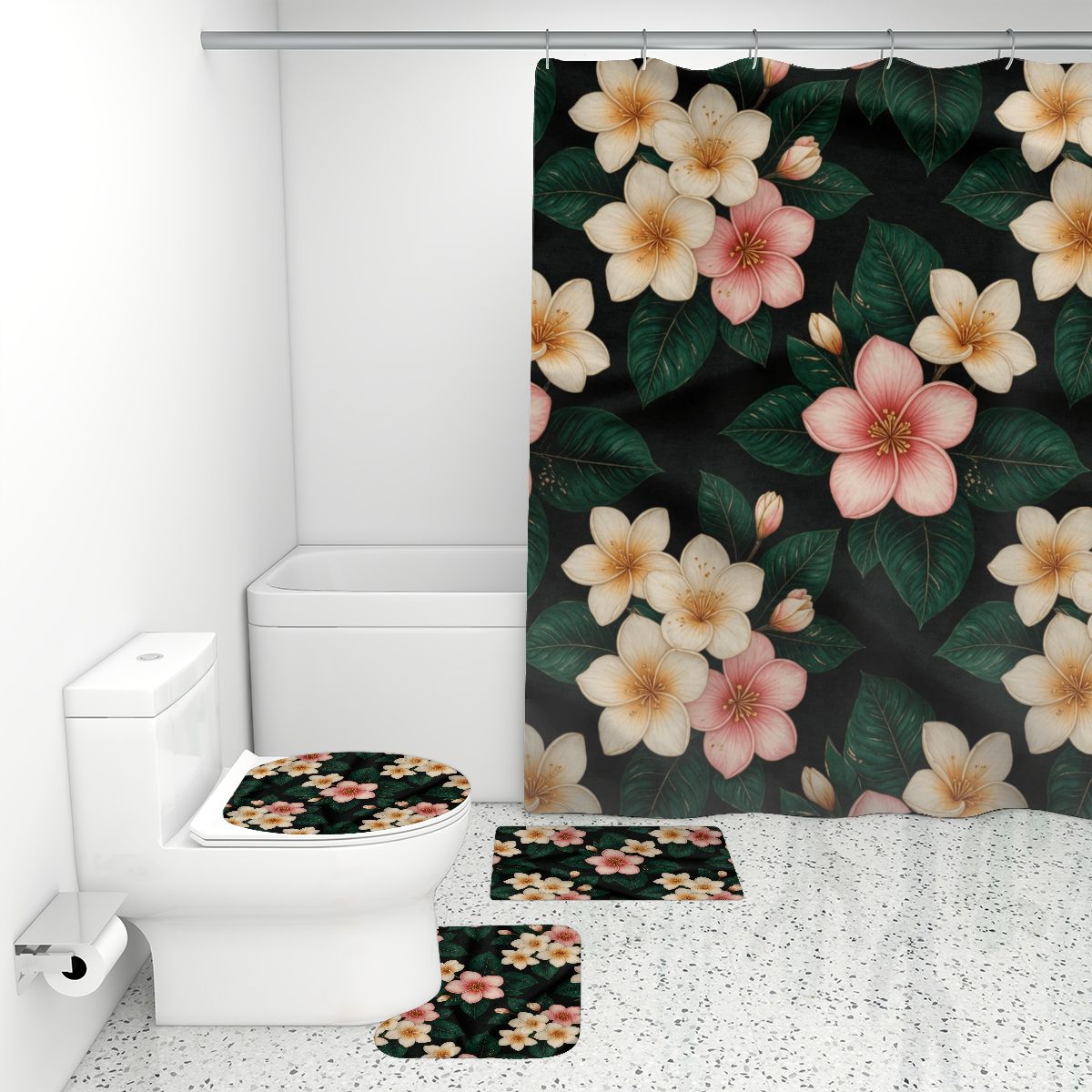 Bathroom Rugs Set with Shower Curtain 4 pcs 35plumeriav2aop