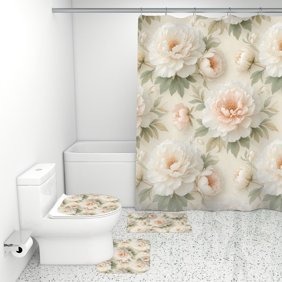 Bathroom Rugs Set with Shower Curtain 4 pcs 11peoniebialaaop