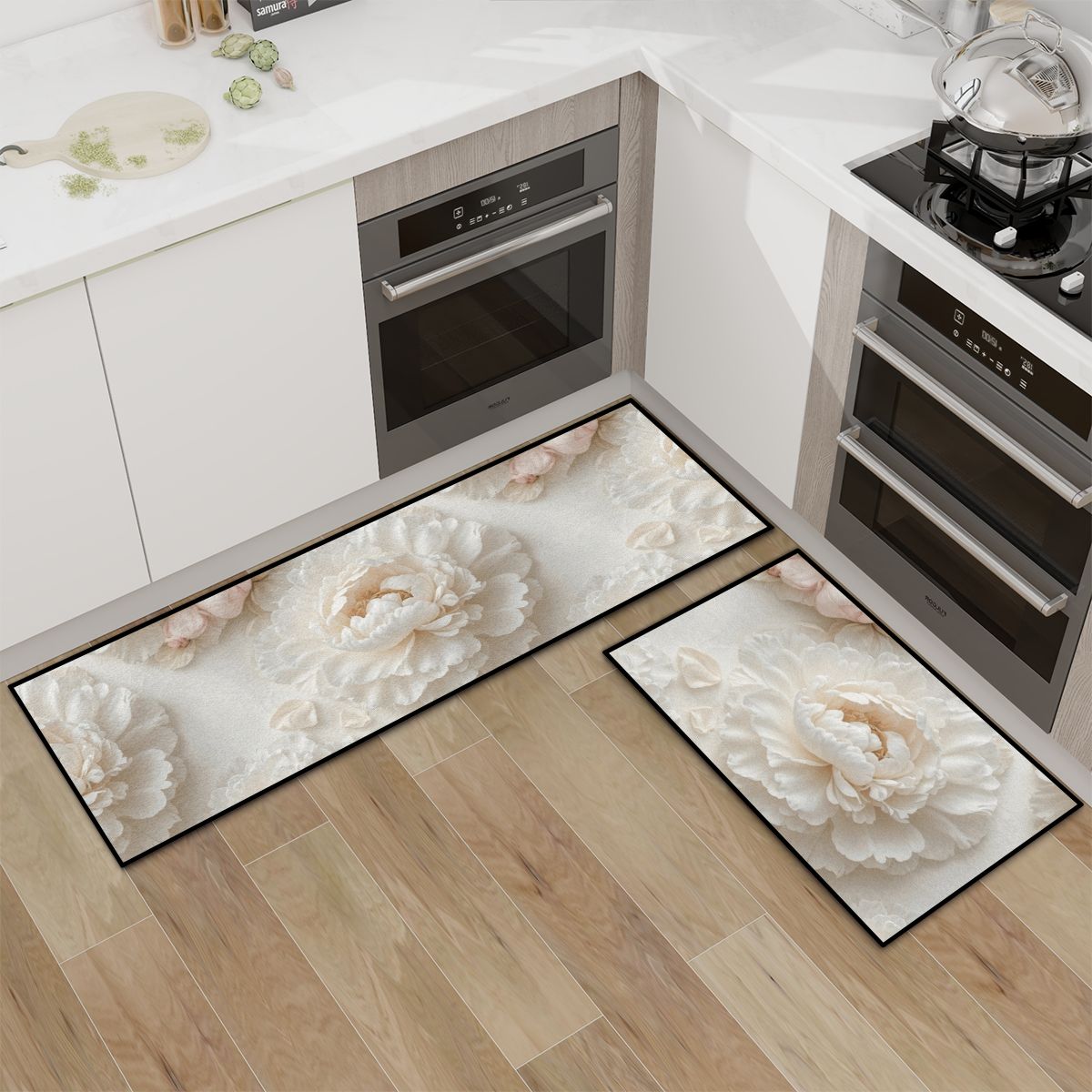 Kitchen Area Rug Set for Floor NonSlip Washable 36peoniebialav2aop