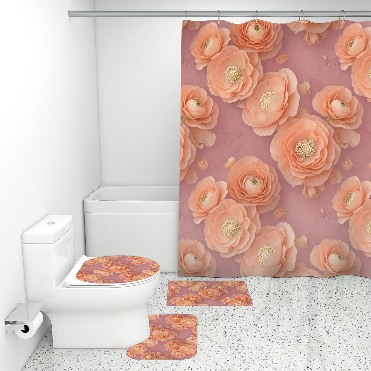 Bathroom Rugs Set with Shower Curtain 4 pcs 19jaskrybrzoskwiniaaop