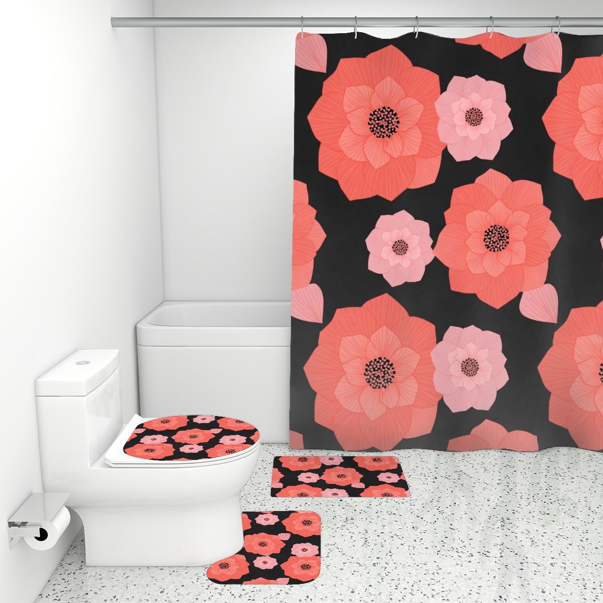 Bathroom Rugs Set with Shower Curtain 4 pcs 16cameliakoralaop