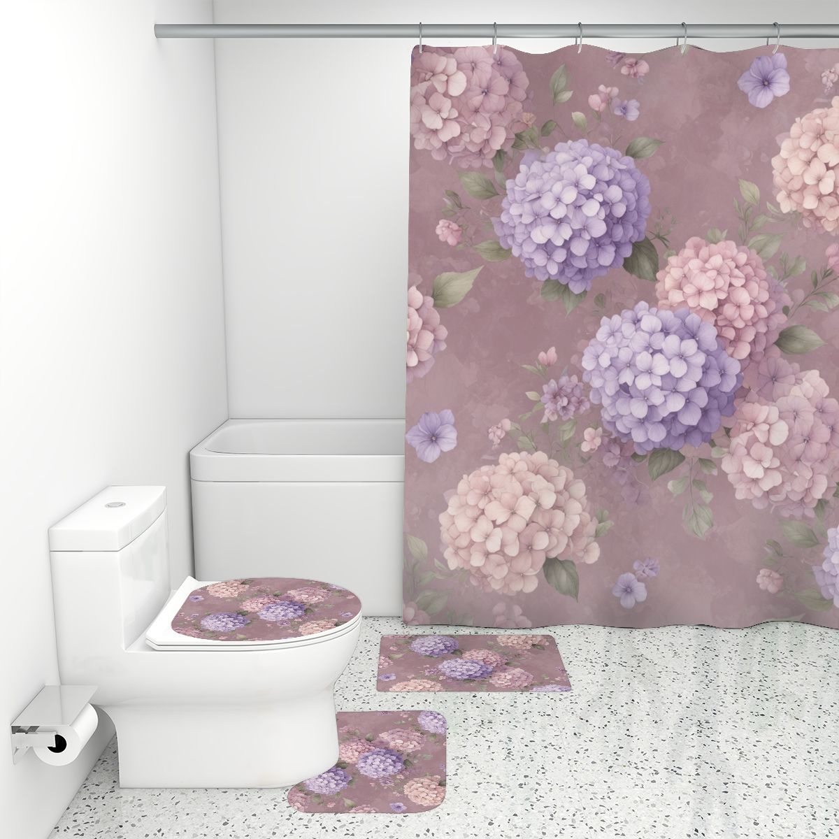 Bathroom Rugs Set with Shower Curtain 4 pcs 08hortensjelawendaaop