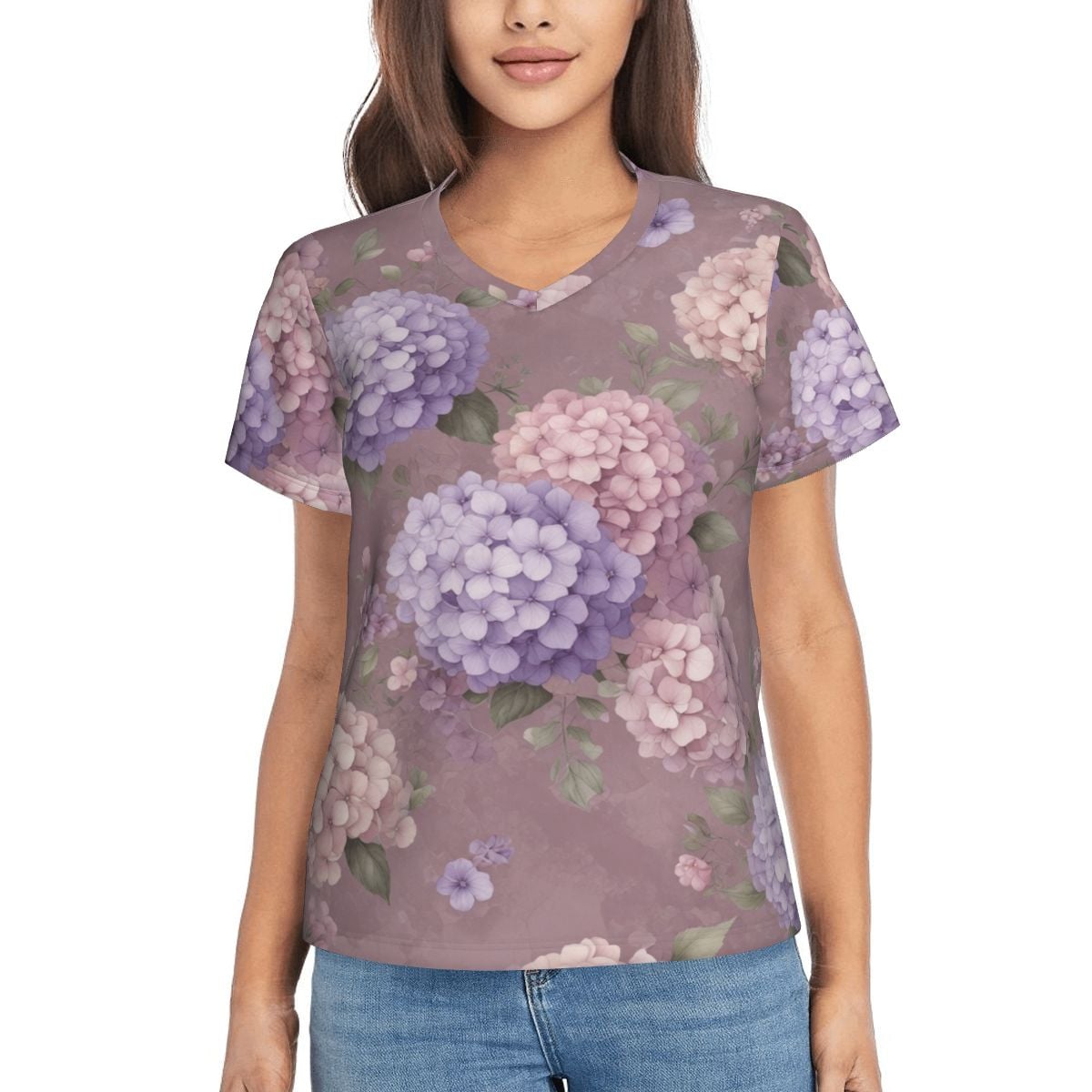 Women's VNeck ShortSleeve TShirt 08hortensjelawendaaop