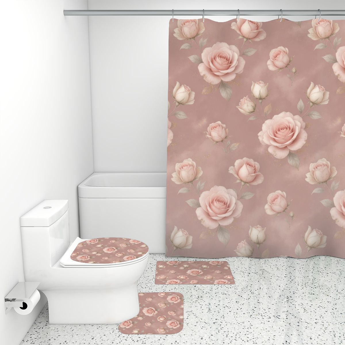 Bathroom Rugs Set with Shower Curtain 4 pcs 02rozeblushaop