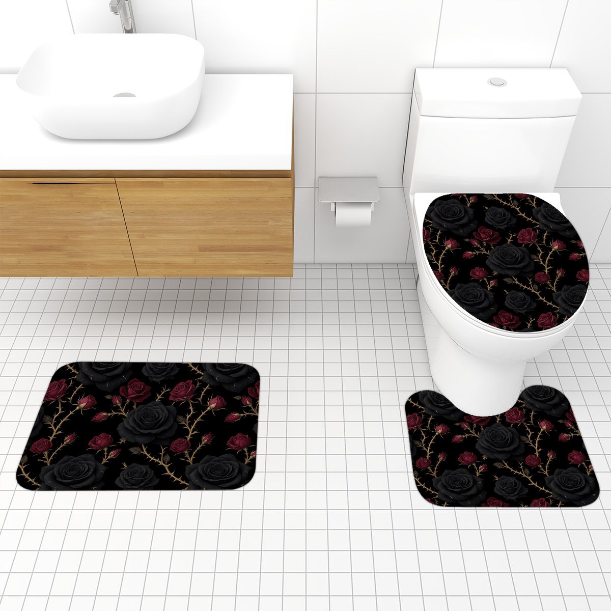 Bathroom Rugs Set 3 pcs 34noirrosev2aop