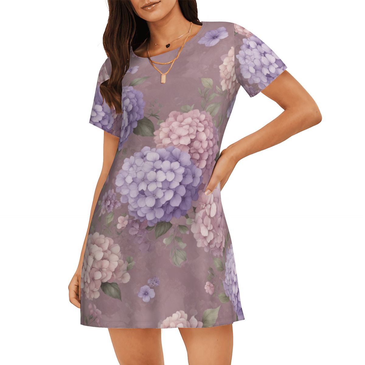 Women's Loose ShortSleeve Nightgown 08hortensjelawendaaop