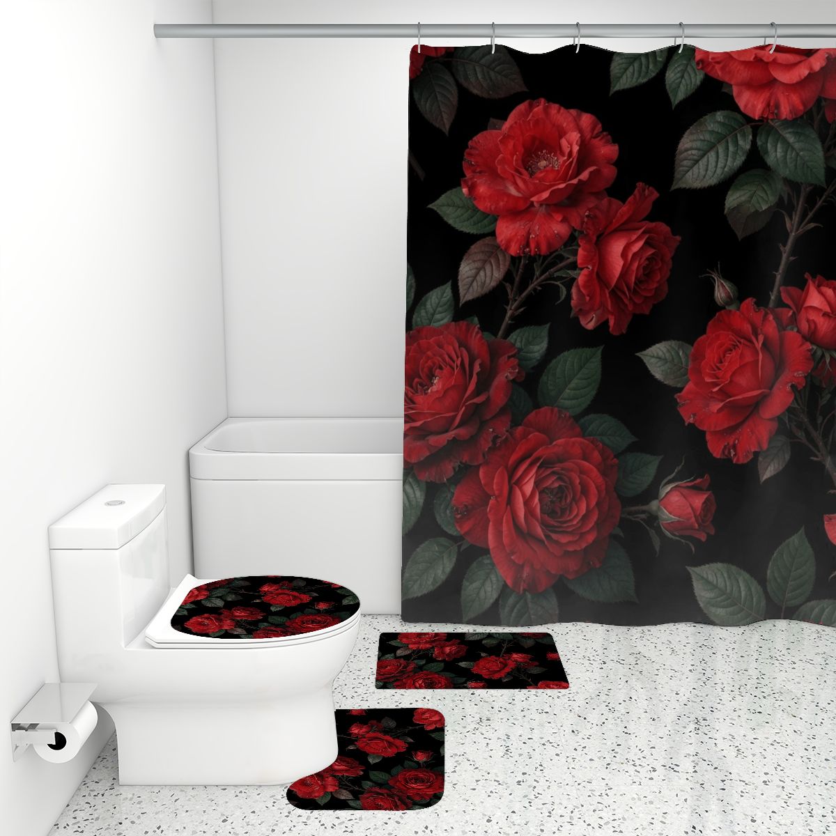 Bathroom Rugs Set with Shower Curtain 4 pcs 12rozeczerwoneaop