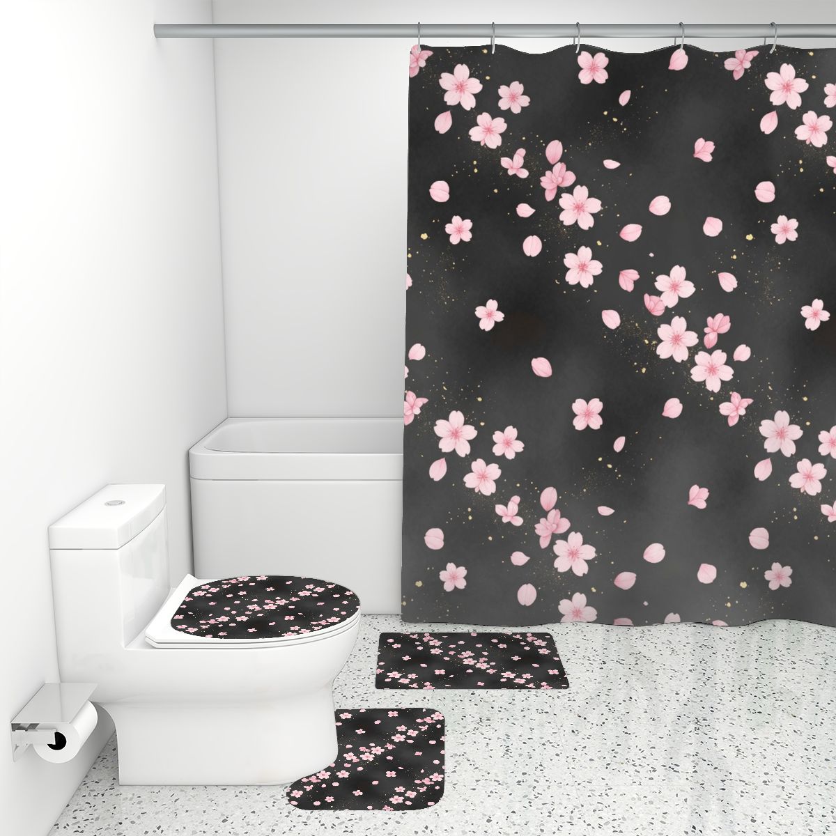 Bathroom Rugs Set with Shower Curtain 4 pcs 06sakuradustaop