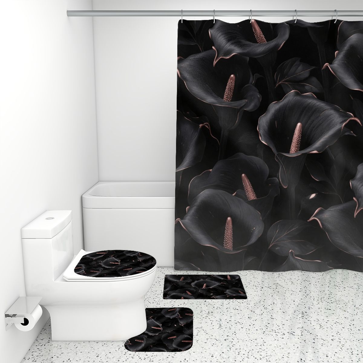 Bathroom Rugs Set with Shower Curtain 4 pcs 30kalienoirv2aop