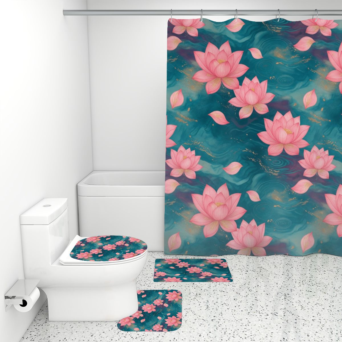 Bathroom Rugs Set with Shower Curtain 4 pcs 15lotosytealaop