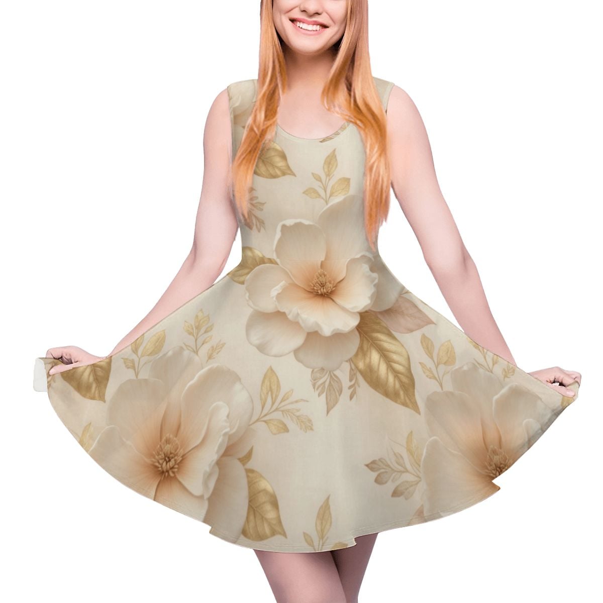 Women's Sleeveless Wide Dress/Hem Skater Skirt 04magnoliechampagneaop
