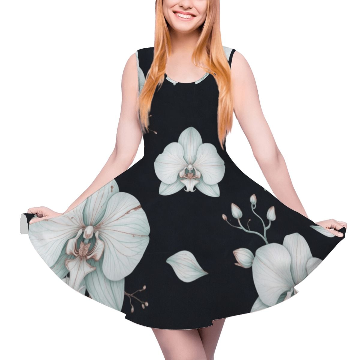 Women's Sleeveless Wide Dress/Hem Skater Skirt 03orchideenocaop