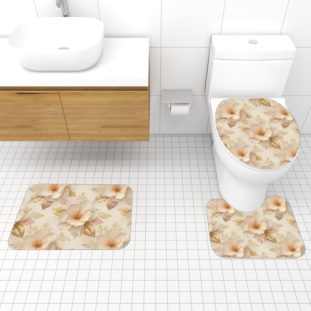 Bathroom Rugs Set 3 pcs 04magnoliechampagneaop