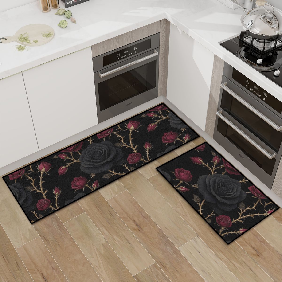 Kitchen Area Rug Set for Floor NonSlip Washable 34noirrosev2aop