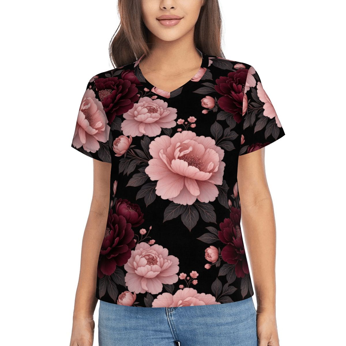 Women's VNeck ShortSleeve TShirt 01peoniegardenaop